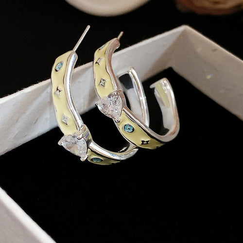 Sweet Style Copper Zircon Heart Enamel C Shape Stud Drop Earrings For Women