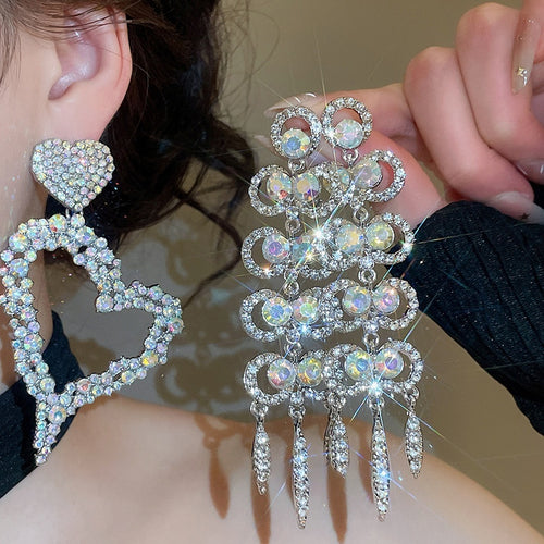 Alloy Rhinestone Geometric Hollow Heart Drop Earrings, European Court Style Statement Jewelry