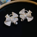 French Style Copper Zircon Wrinkled Bow Stud Earrings Light Luxury Geometric Fashion Jewelry view 2