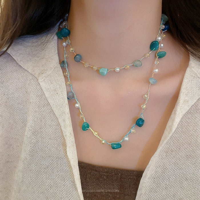 Bohemian Resort Style Agate Crystal Pearl Necklace With Irregular Geometric Pendant For Women