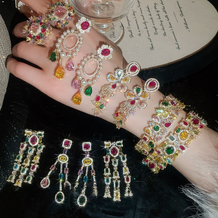 European Court Style Copper Zircon Square Earrings Ring Bracelet Jewelry Set