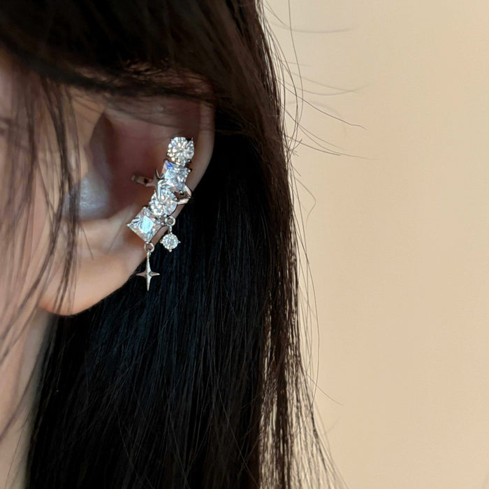 Sparkling Zircon Geometric Starburst Copper Clip-on Earrings, Minimalist No-Piercing Ear Cuffs