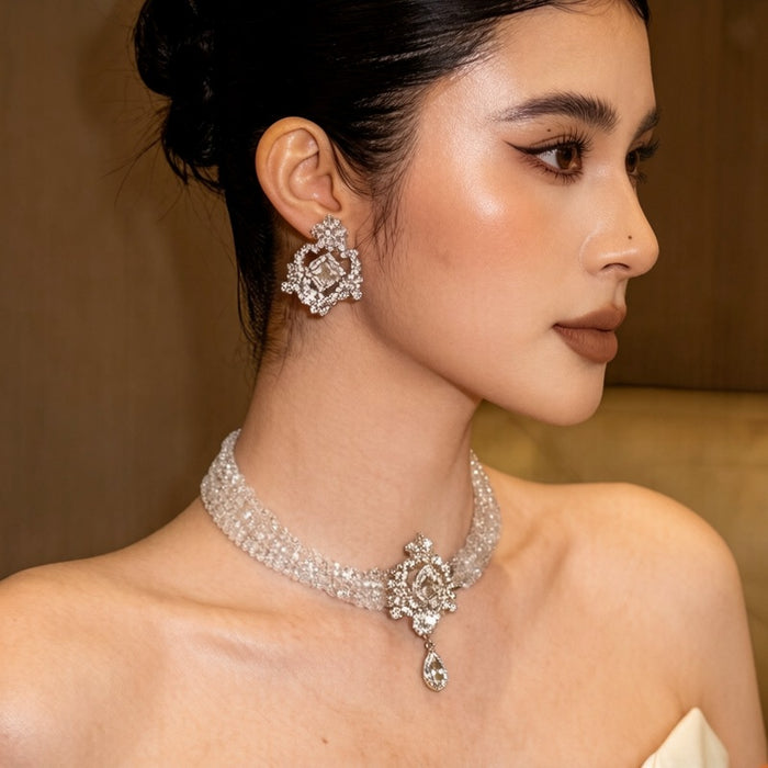 Light Luxury Palace Style Rhinestone Crystal Beaded Teardrop Necklace Ear Clip Jewelry Set