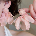 Sterling Silver Needle Crystal Fabric Flower Stud Earrings Fresh Sweet Vacation Style For Women view 3