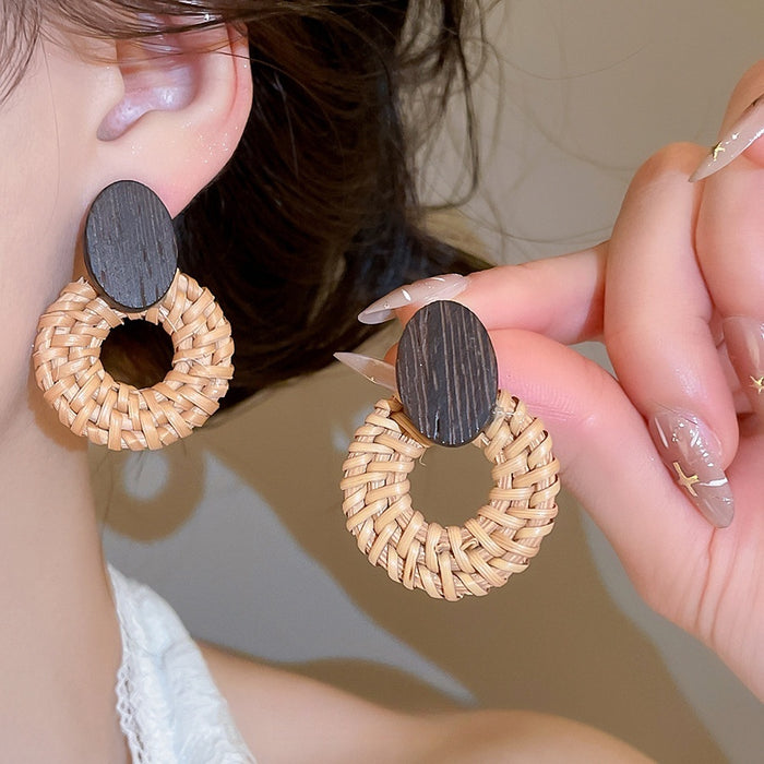 Bohemian Rattan Woven Round Wood Stud Earrings For Women Minimalist Ethnic Geometric Jewelry