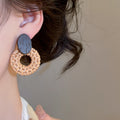 Bohemian Rattan Woven Round Wood Stud Earrings For Women Minimalist Ethnic Geometric Jewelry view 3