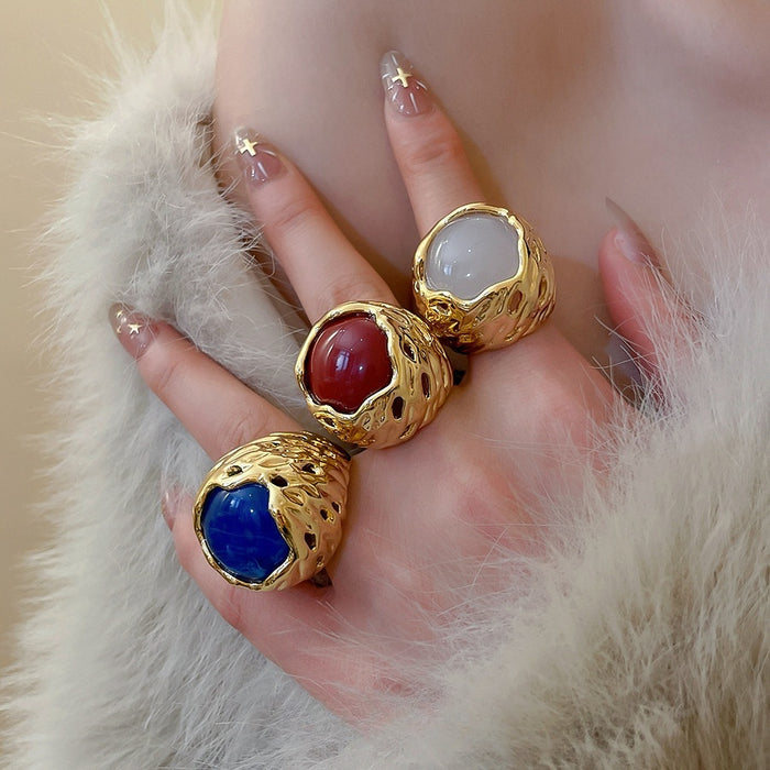 Luxury Vintage Resin Open Ring Retro Palace Style Geometric Round Index Finger Jewelry for Women