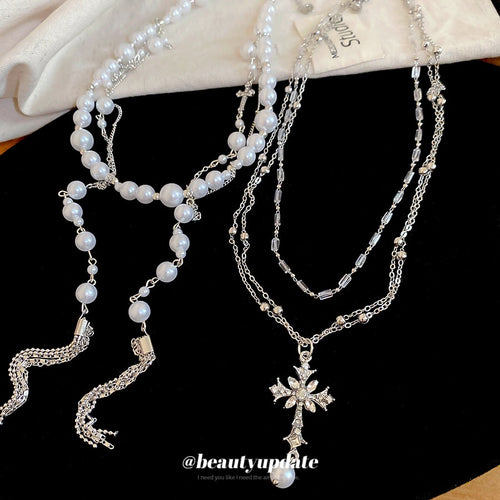 Old Money Faux Pearl Glass Bead Rhinestone Cross Layered Collarbone Choker Necklace