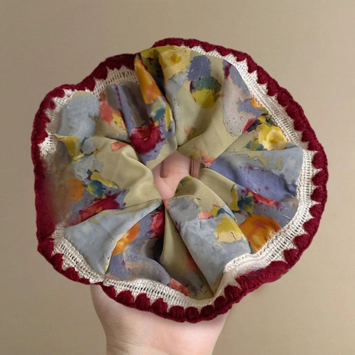 Floral Knit Edge Scrunchie With Vintage Pastoral Style