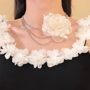 French Rhinestone Multilayer Chiffon Flower Necklace, Elegant Light Luxury Collarbone Jewelry