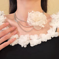 French Rhinestone Multilayer Chiffon Flower Necklace, Elegant Light Luxury Collarbone Jewelry view 3