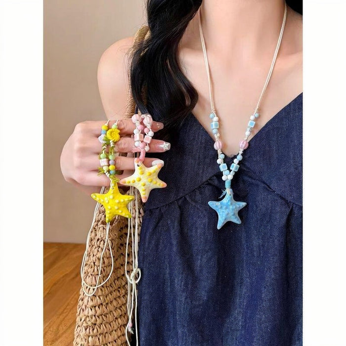 Dopamine Color Starfish Ceramic Beaded Necklace Sweet Vacation Style Light Luxury Collarbone Jewelry