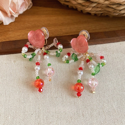 Fresh Style Crystal Heart Bow Clip-on Earrings For Women, Sweet Summer Island Vacation Jewelry