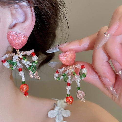 Fresh Style Crystal Heart Bow Clip-on Earrings For Women, Sweet Summer Island Vacation Jewelry