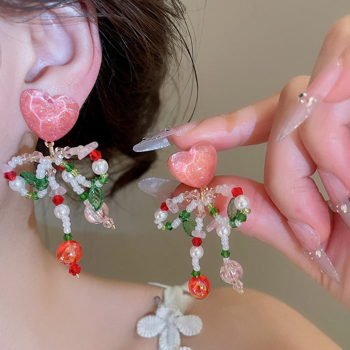 Fresh Style Crystal Heart Bow Clip-on Earrings For Women, Sweet Summer Island Vacation Jewelry