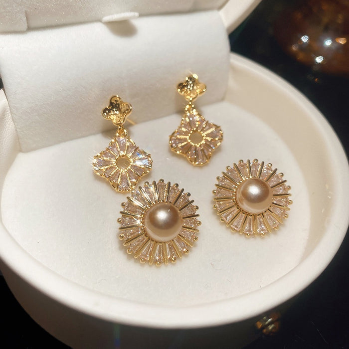 Light Luxury Faux Pearl Zircon Flower Round Stud Earrings For Women