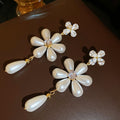French Vintage Faux Pearl Zircon Flower Teardrop Drop Earrings For Women view 2