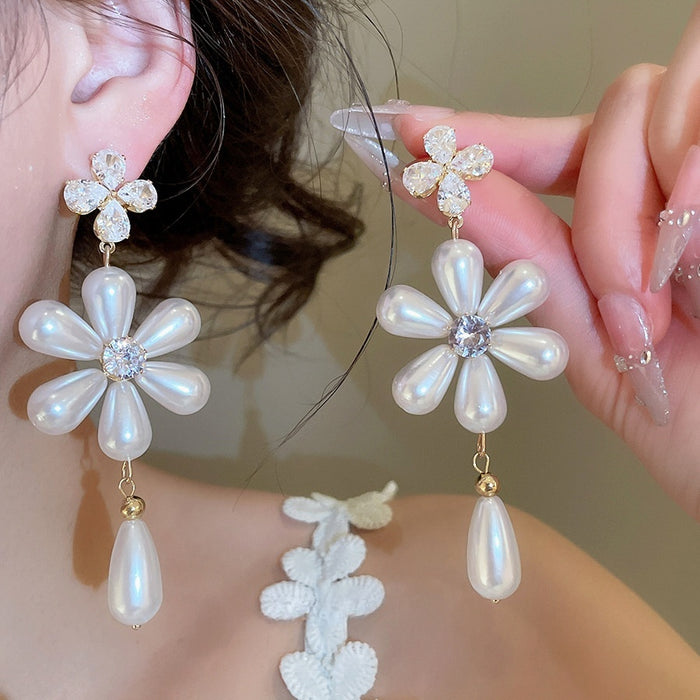 French Vintage Faux Pearl Zircon Flower Teardrop Drop Earrings For Women