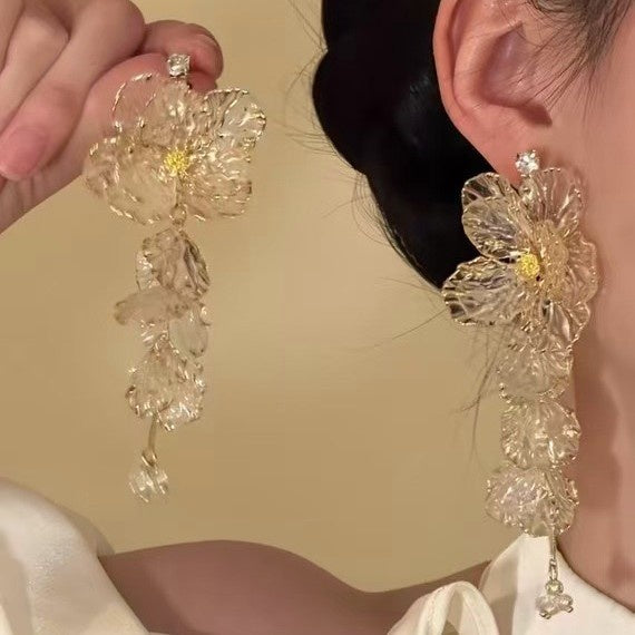 Gold Alloy Floral Crystal Tassel Drop Earrings With Silver Pins, Vintage Chinese Style