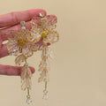 Gold Alloy Floral Crystal Tassel Drop Earrings With Silver Pins, Vintage Chinese Style view 2