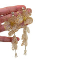 Gold Alloy Floral Crystal Tassel Drop Earrings With Silver Pins, Vintage Chinese Style view 5