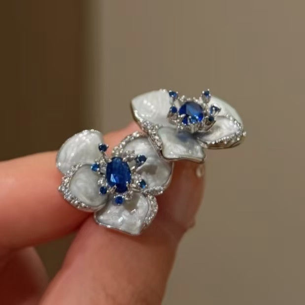 Blue Enamel 3D Flower Alloy Stud Earrings For Women, Sparkling Elegant Sweet Versatile Style