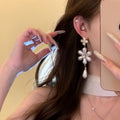 French Vintage Faux Pearl Floral Tassel Drop Earrings With Sparkling Zircon Flower Statement Design view 4