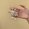 French Vintage Faux Pearl Floral Tassel Drop Earrings With Sparkling Zircon Flower Statement Design view 3