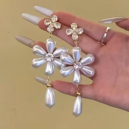 French Vintage Faux Pearl Floral Tassel Drop Earrings With Sparkling Zircon Flower Statement Design