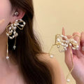 Zircon Bow Tassel Faux Pearl Drop Earrings, Silver Needle Retro Elegant Light Luxury Style view 1