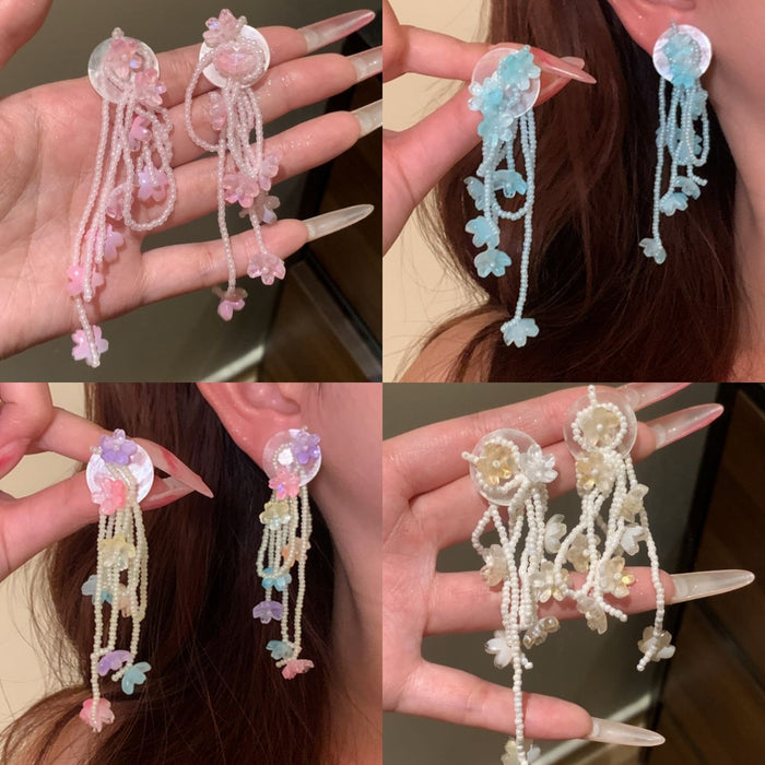 Early Spring Tone Crystal Tassel Flower Drop Earrings With Silver Pins For Women Beach Vacation Style