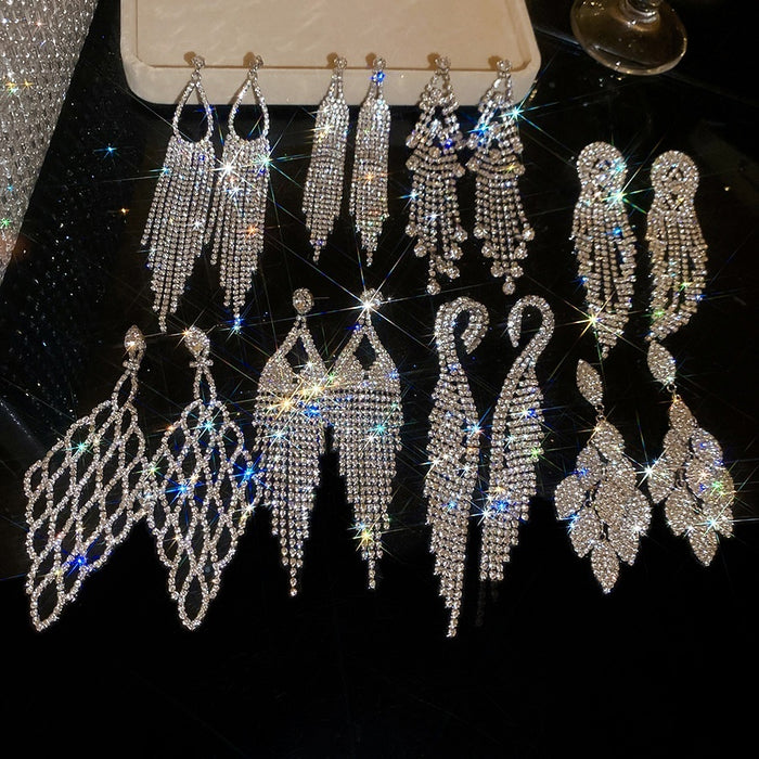 Copper Leaf Rhinestone Tassel Drop Earrings With Silver Needle, Light Luxury Statement Style