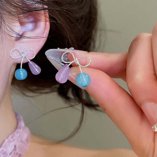 Fresh Style Resin Bow Stud Earrings With Silver Pins, Sweet Light Luxury Women's Ear Jewelry