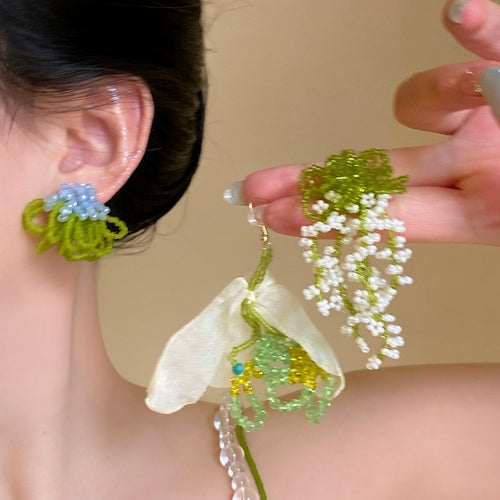Alloy Crystal Flower Tassel Drop Earrings, Fresh Sweet Beach Style Floral Ear Studs
