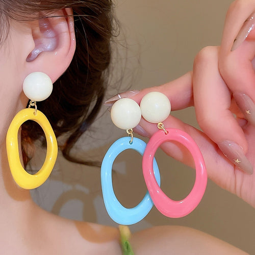 Dopamine Color Hollow Oval Acrylic Hoop Earrings, Minimalist Summer Sweet Geometric Style