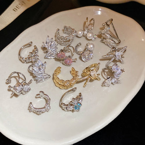 Korean Style Zircon Bow Faux Pearl Clip-on Earrings For Women Light Luxury No Piercing Ear Cuffs