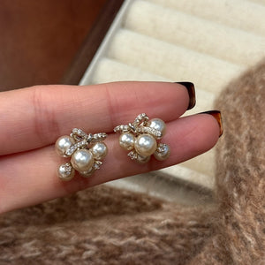 French Style Faux Pearl Zircon Flower Cluster Stud Earrings For Women