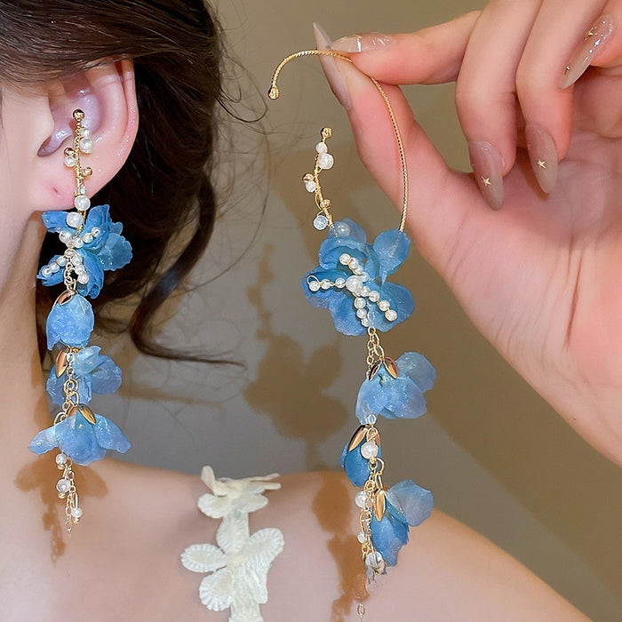 Bohemian Mesh Flower Faux Pearl Silver Needle Earrings Fresh Sweet Vacation Style