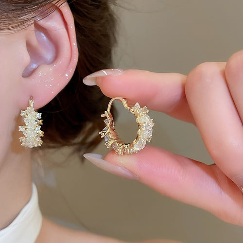 14K Gold Plated Copper Zircon Round Huggie Earrings Minimalist Light Luxury Jewelry