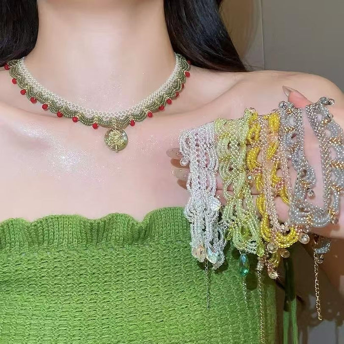 Court Style Teardrop Artificial Crystal Beaded Woven Lace Choker Necklace For Women