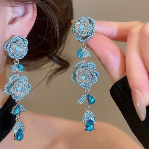 Vintage Flower Zircon Alloy Stud Earrings With Silver Pins, Luxury Women's Jewelry