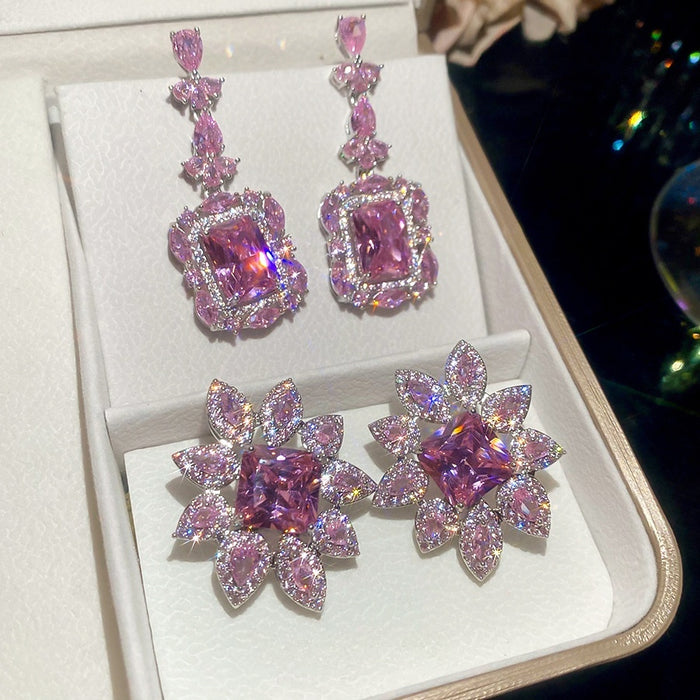 Light Luxury Copper Pink Zircon Square Flower Stud Earrings For Banquet Party