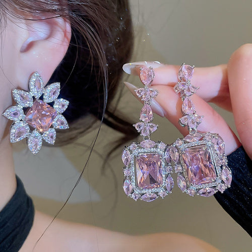Light Luxury Copper Pink Zircon Square Flower Stud Earrings For Banquet Party