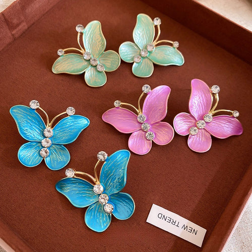 Copper Zircon Enamel Butterfly Stud Earrings With Steel Posts, Sweet Playful Light Luxury Style