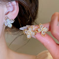 18K Gold Plated Silver Post Zircon Flower Faux Pearl Stud Earrings For Women Light Luxury Daily view 2