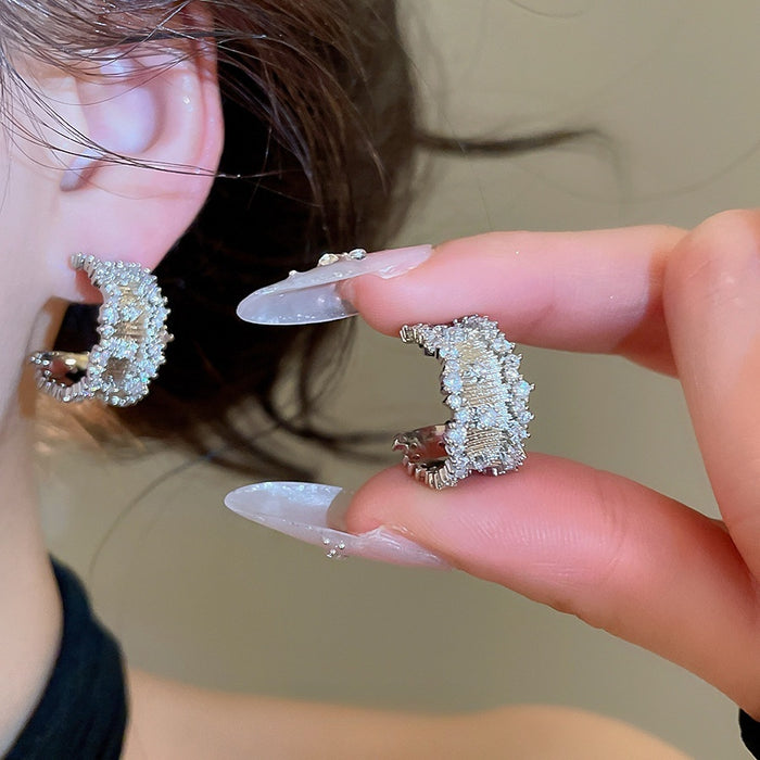 Copper C-Shaped Hoop Earrings With Sparkling Zircon, Minimalist Modern Light Luxury Jewelry