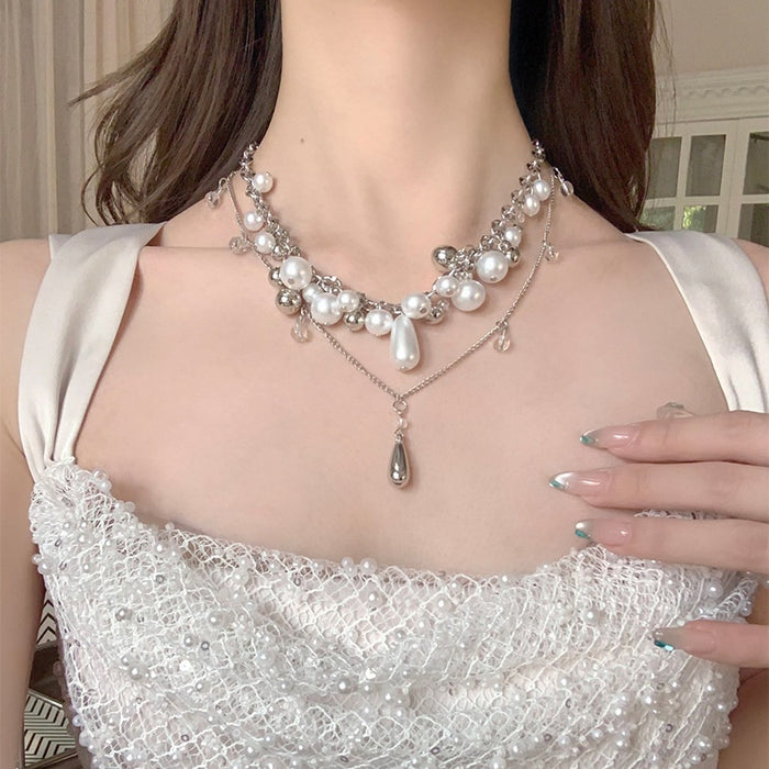 Old Money Court Style Layered Faux Pearl Necklace With Teardrop Pendant Vintage Collarbone Jewelry