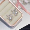 Light Luxury Bow Faux Pearl Zircon Stud Earrings With Silver Posts Elegant Fashion Jewelry view 3