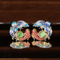 Faux Natural Chalcedony Stud Earrings For Women Court Style Oil Painting Lucky Koi Jewelry view 3