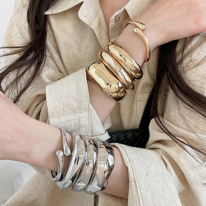 Modern Minimalist Glossy Metal Cross Open Bangle, Round Cuff Bracelet With Niche Design